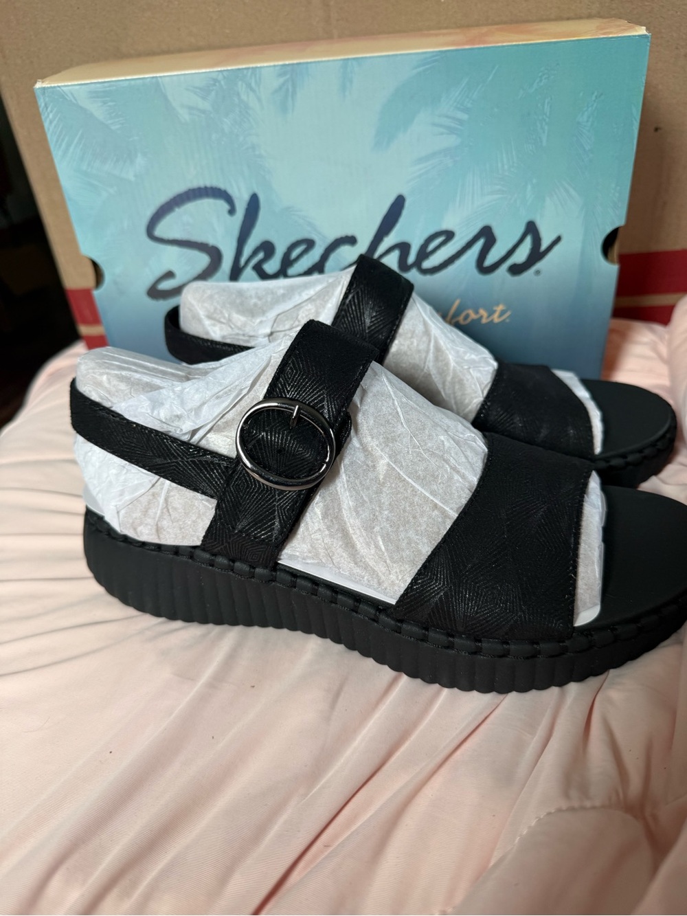 Skechers Black Platform Slingback Buckle Sandals